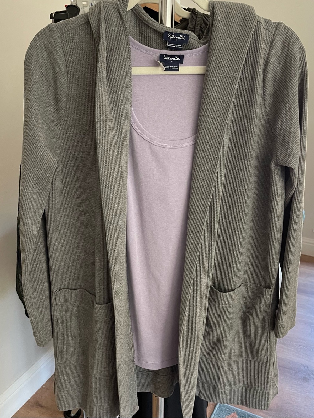 Splendid Gray Open-Front Cardigan with Lilac Tank, Size M